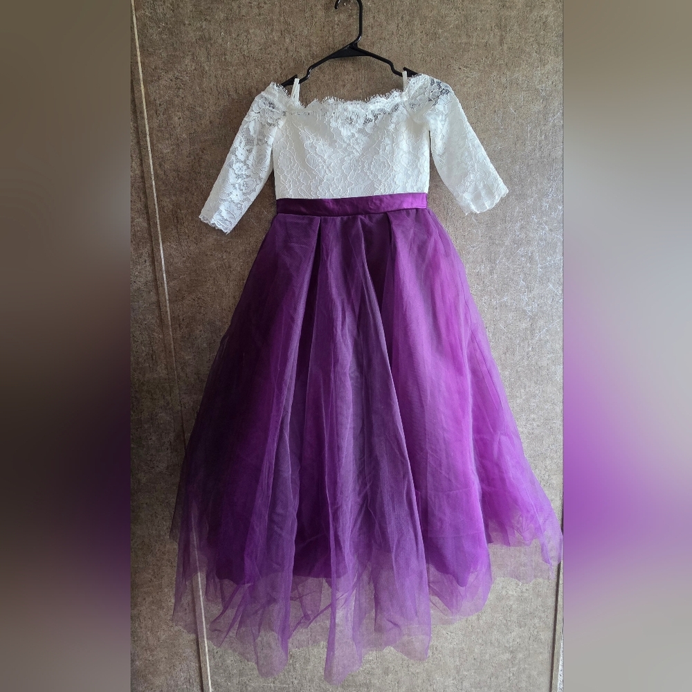 White Lace Top with Purple Tulle Skirt Dress